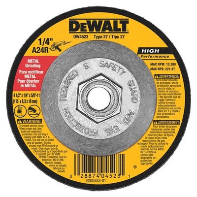 Dewalt High Performance Dw4523 24-Grit Alo2 Type 27 Grinding Wheel, 4-1/2 Inch X 1/4 Inch X 5/8-11 DW4523 DEWDW4523