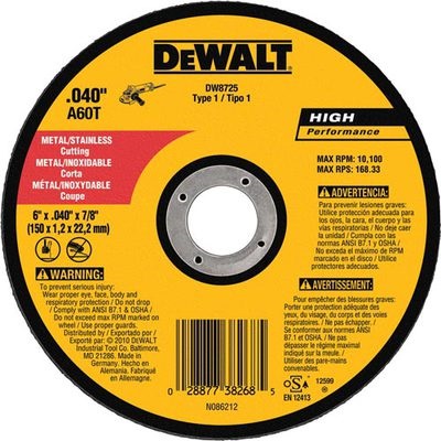 Dewalt High Performance Dw8725 60-Grit Alo2 Type 1 Small Diameter Cut-Off Wheel, 6 Inch X .040 Inch X 7/8 Inch DW8725 DEWDW8725